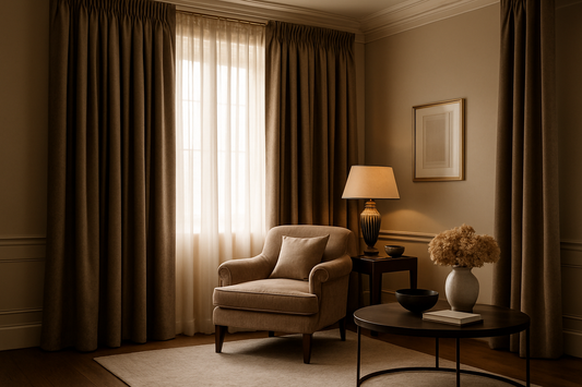 Luxury Living Room with triple pinch pleat curtains and a comfortable armchair